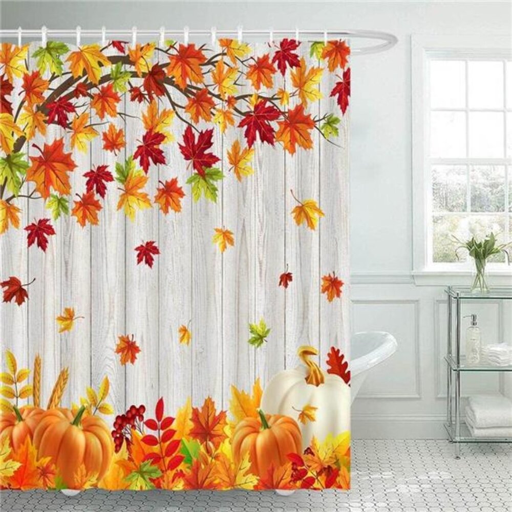 Fall Shower Curtain,Thanksgiving Pumpkin & Maple Leaves, Rustic Farmhouse 72x72"